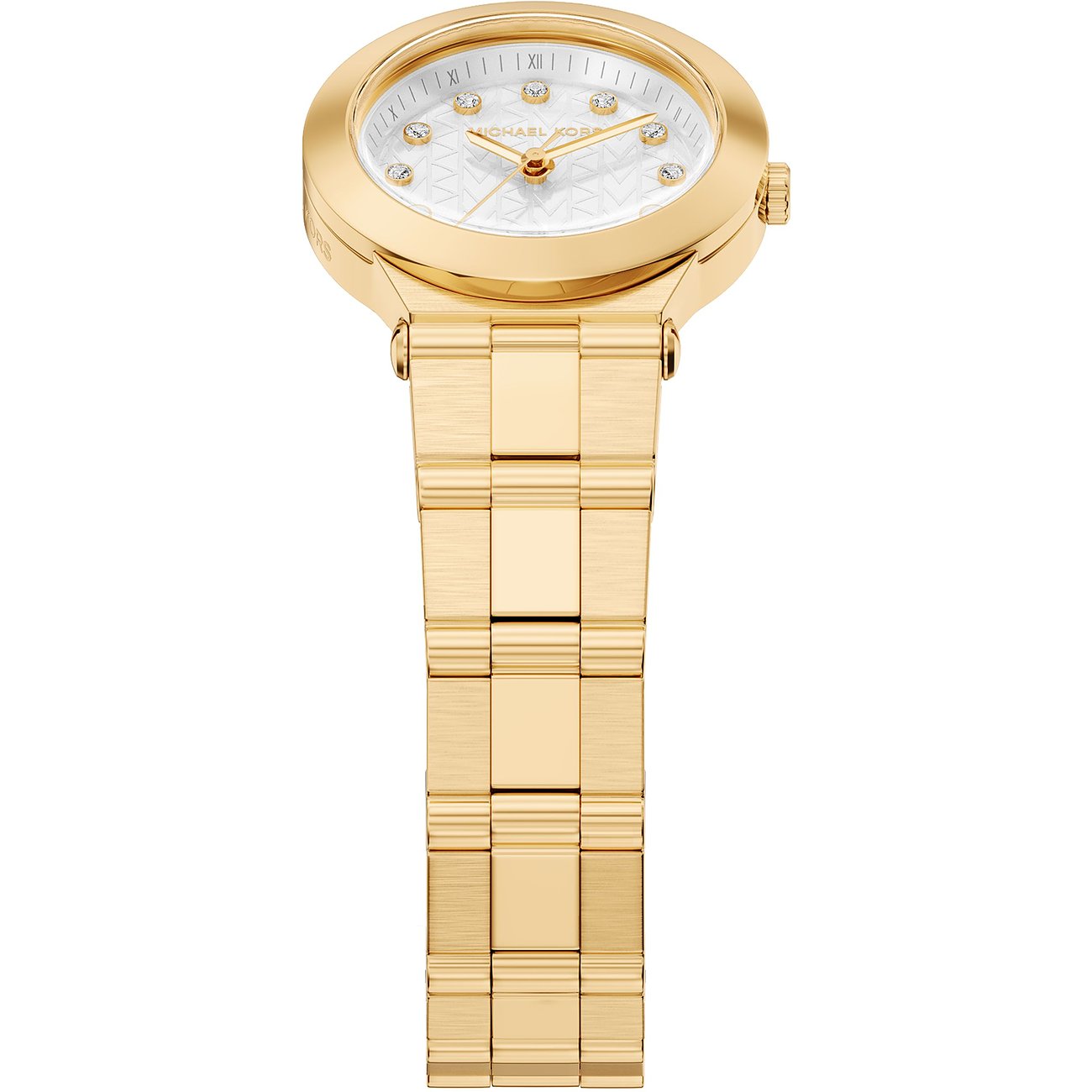 Orologio da donna Michael Kors in acciaio dorato, vista obliqua dall'alto con quadrante bianco e gemme.