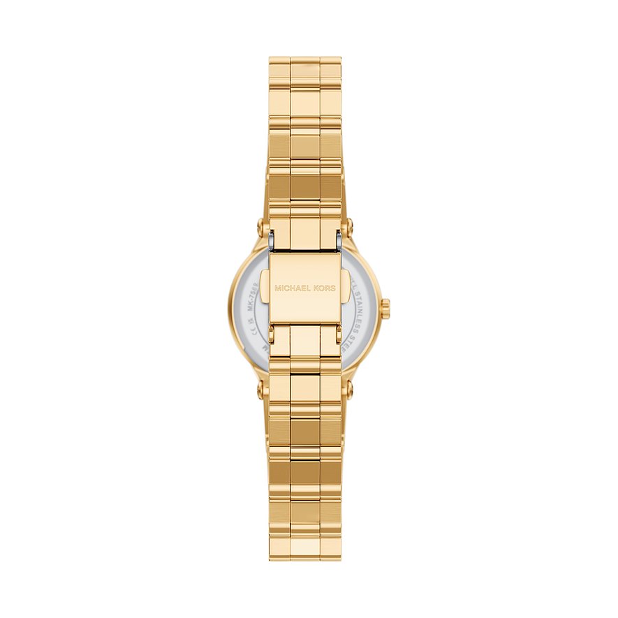 Retro di un orologio Michael Kors da donna color oro in acciaio inossidabile con chiusura visibile e logo.