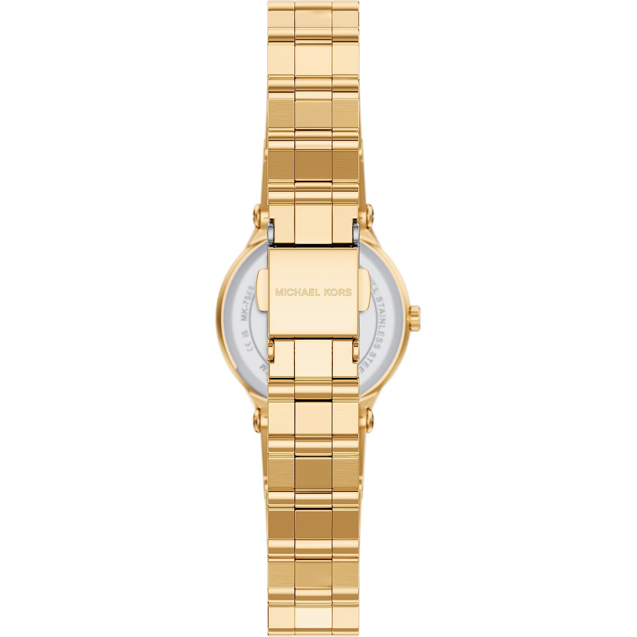 Retro di un orologio Michael Kors da donna color oro in acciaio inossidabile con chiusura visibile e logo.