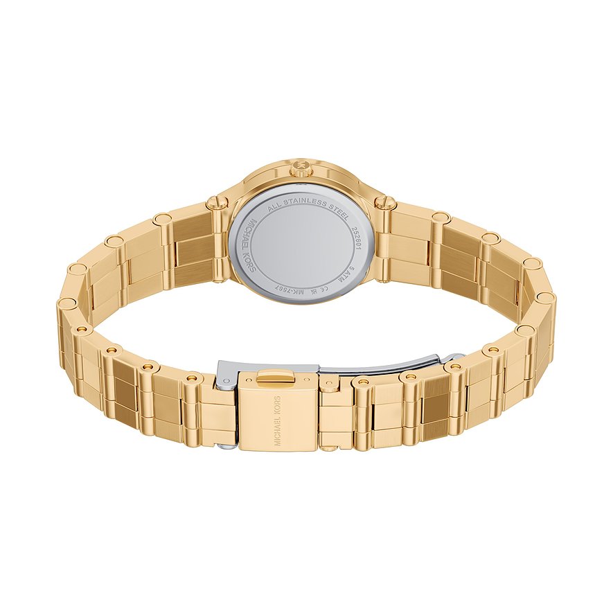 Retro di un orologio da donna Michael Kors in acciaio inossidabile color oro con bracciale chiuso.