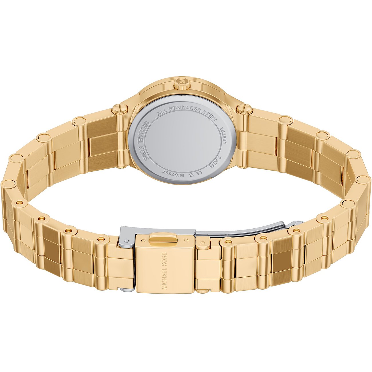Retro di un orologio da donna Michael Kors in acciaio inossidabile color oro con bracciale chiuso.
