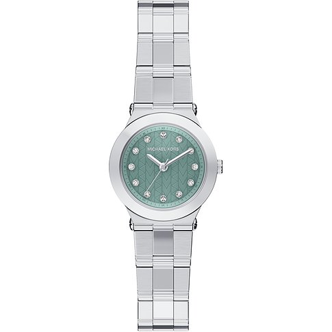 Montre femme Michael Kors en acier inoxydable avec cadran couleur menthe et pierres scintillantes comme index.