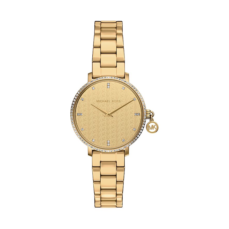 Michael Kors dameur i guldfarvet rustfrit stål med zirkonia, nærbillede.