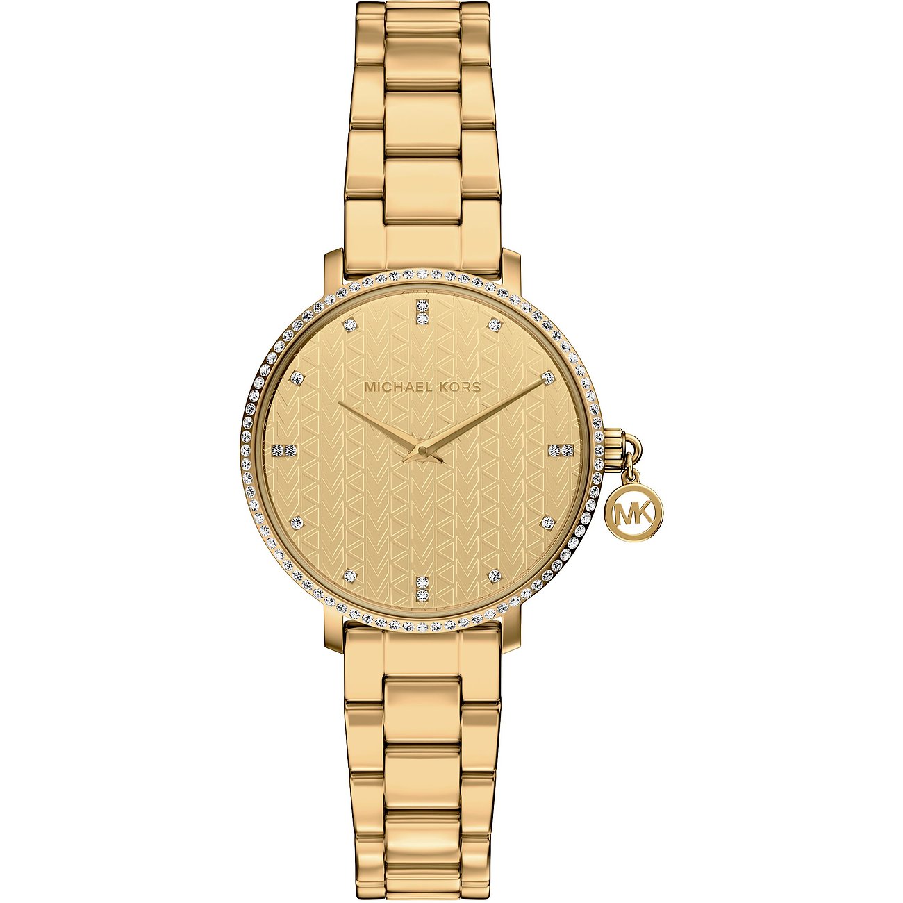 Michael Kors dameur i guldfarvet rustfrit stål med zirkonia, nærbillede.