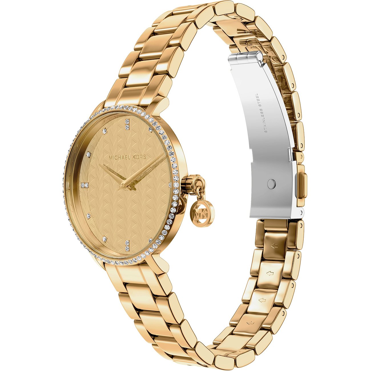 Michael Kors dameur i guldfarvet rustfrit stål med glitrende smykkesten omkring urkransen.