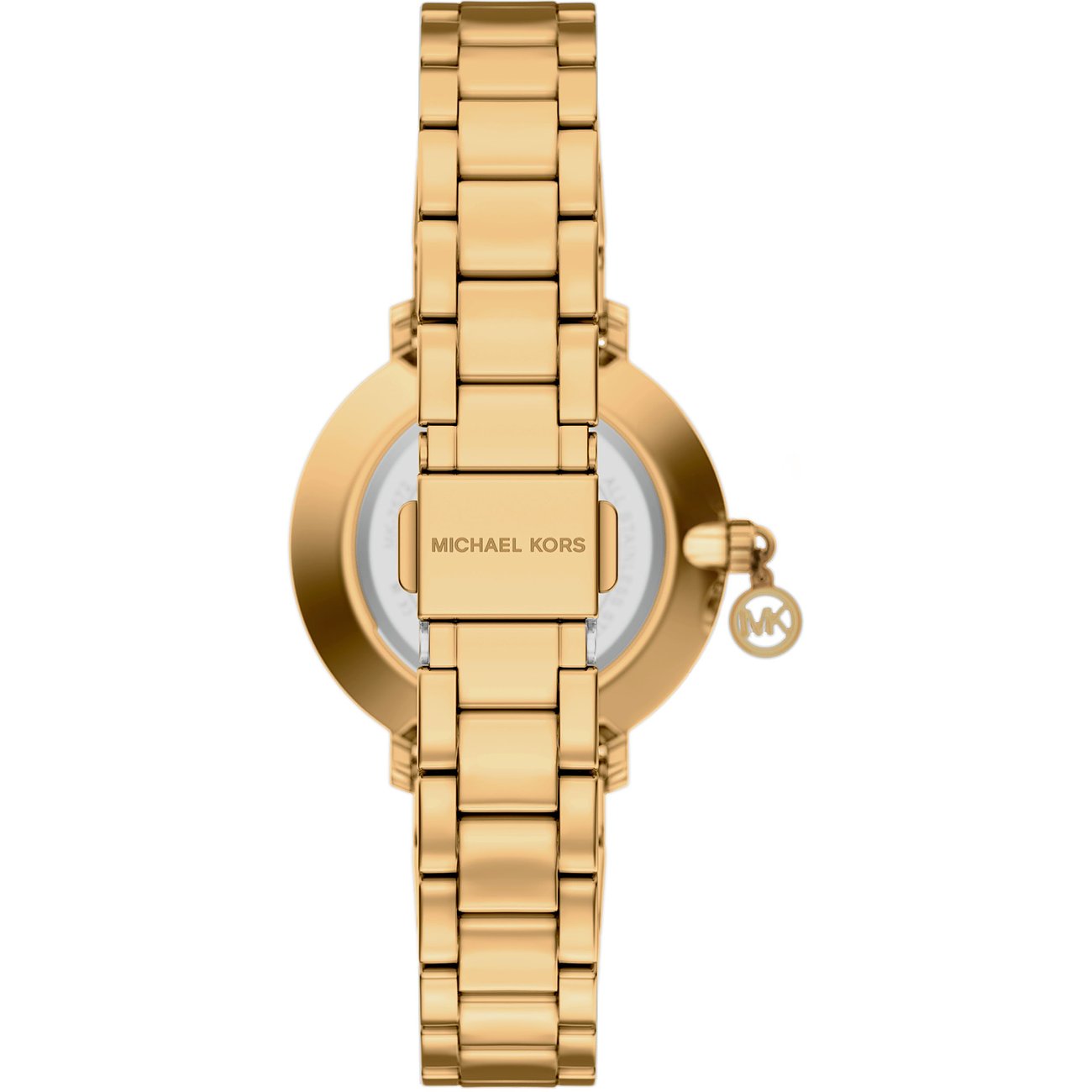 Bagside af et guldtonet Michael Kors dameur i rustfrit stål med indgraveret Michael Kors logo.