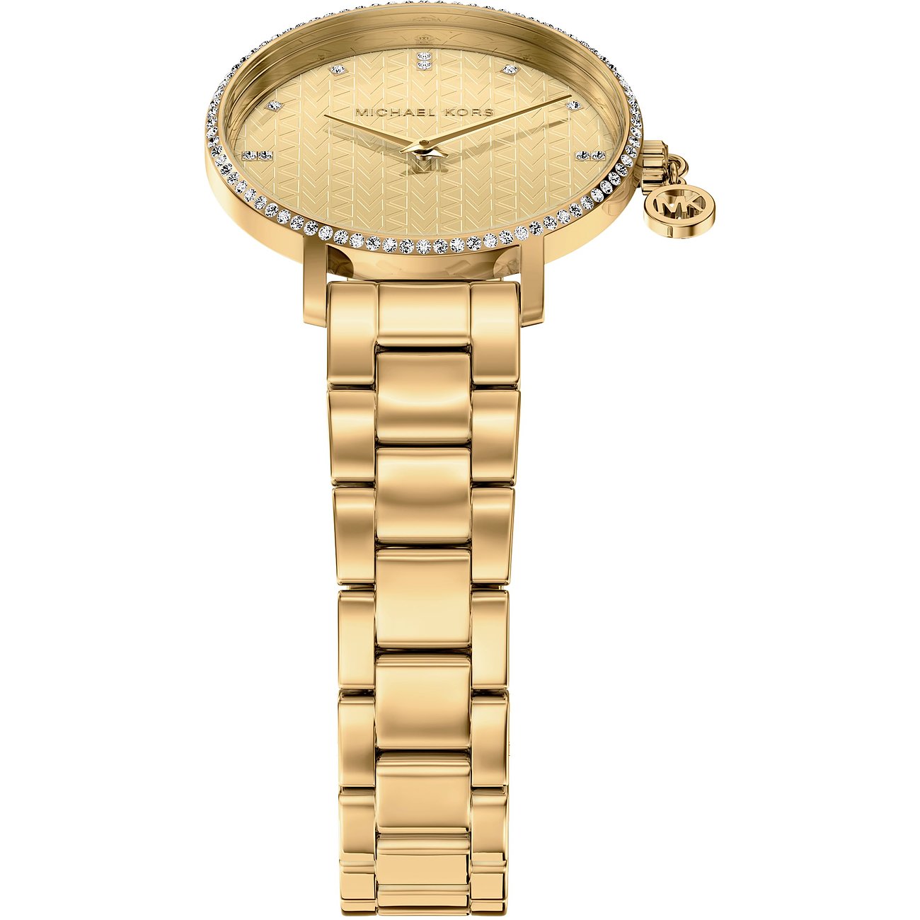 Michael Kors dameur i guldfarvet rustfrit stål med glitrende urskive, dekorative sten og Michael Kors vedhæng.