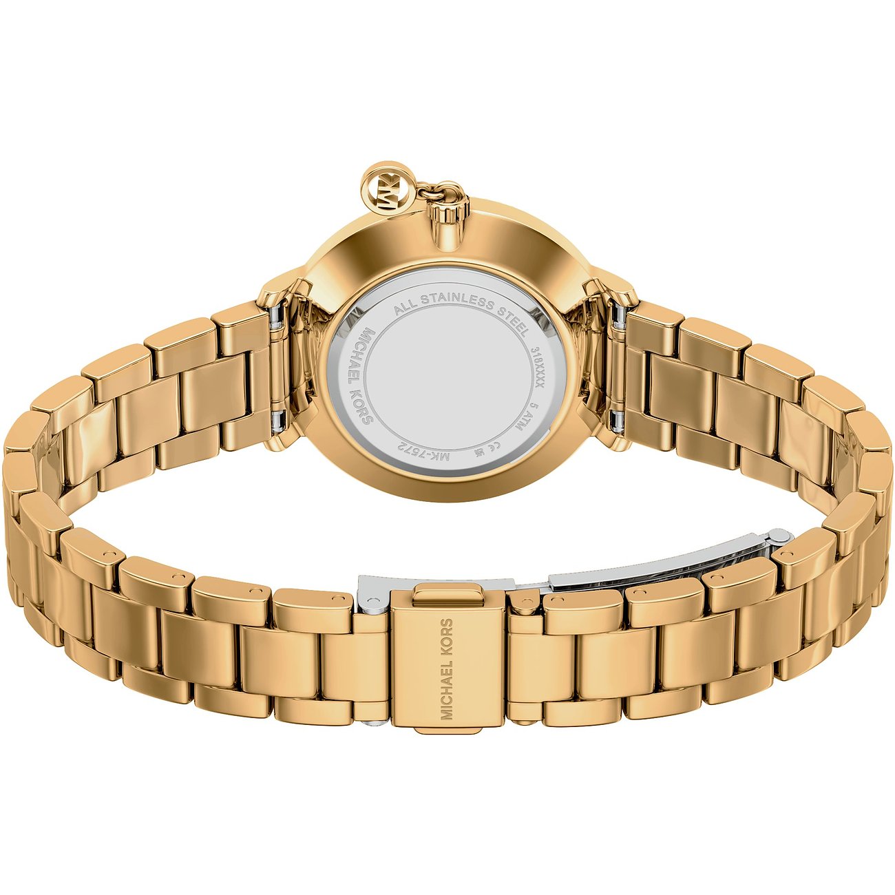 Bagside af guld Michael Kors dameur i rustfrit stål med lukket foldespænde på hvid baggrund.