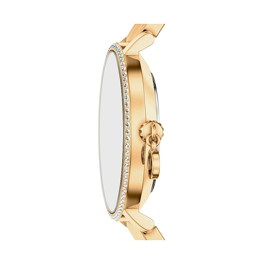 Sidebillede af et gyldent Michael Kors dameur i rustfrit stål med klare smykkesten langs kanten.
