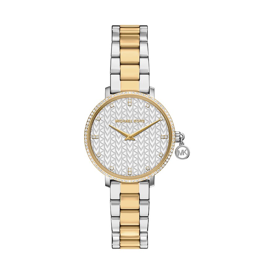 Michael Kors damklocka i guld- och silverfärgat rostfritt stål med diamantbesatt urtavla och logo-berlock.