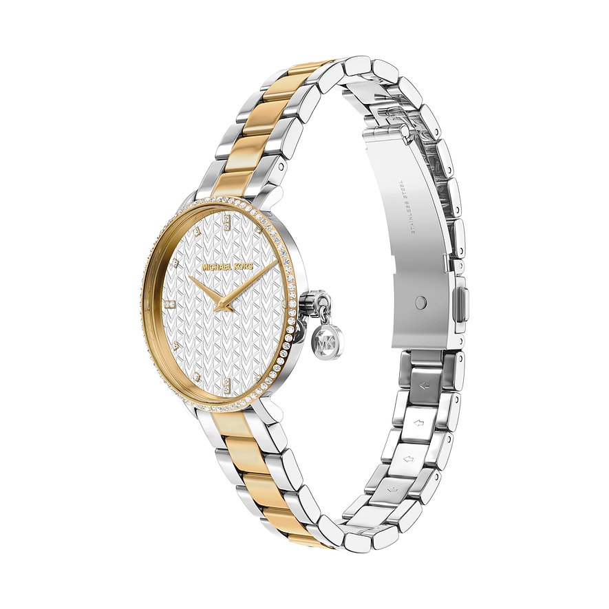 Michael Kors damklocka i bicolour rostfritt stål med filigran urtavlamönster och en stenutsmyckad kant.