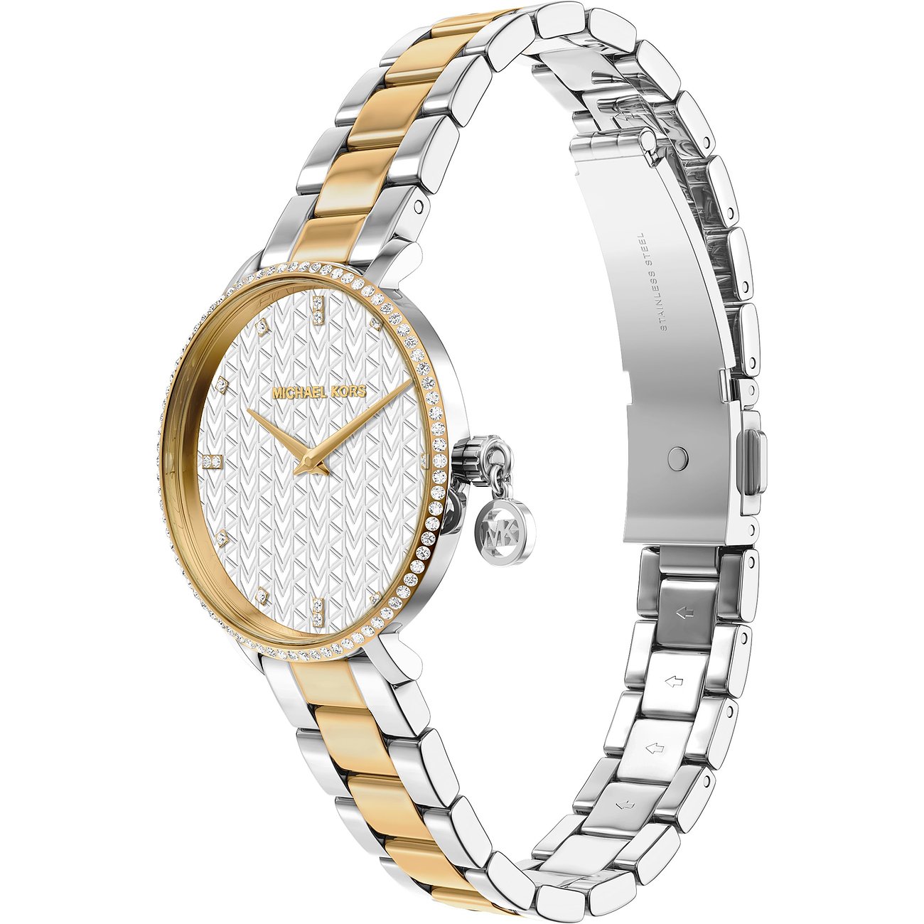 Michael Kors damklocka i bicolour rostfritt stål med filigran urtavlamönster och en stenutsmyckad kant.