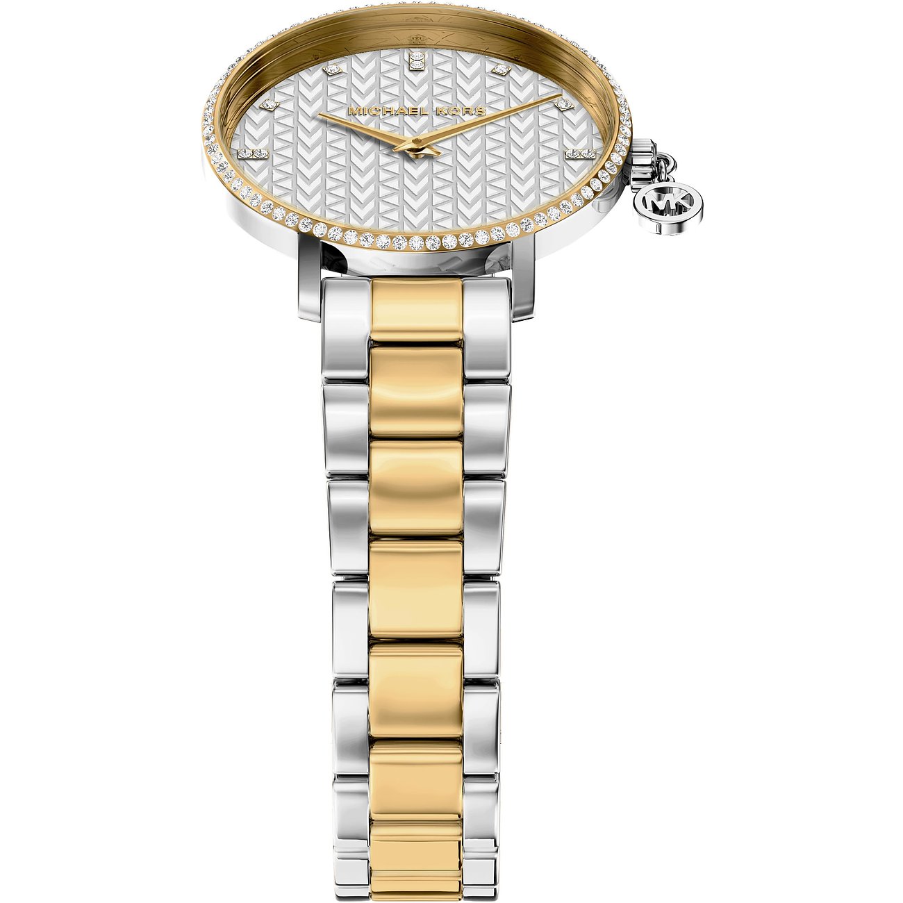 Michael Kors damklocka i rostfritt stål med tvåfärgat länkat armband, prytt med klara ädelstenar på boetten.