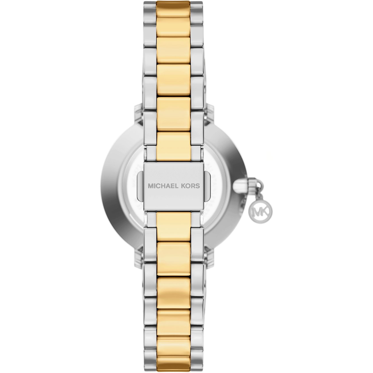 Baksidan av en Michael Kors damklocka i rostfritt stål med silver- och guldfärgade länkar.
