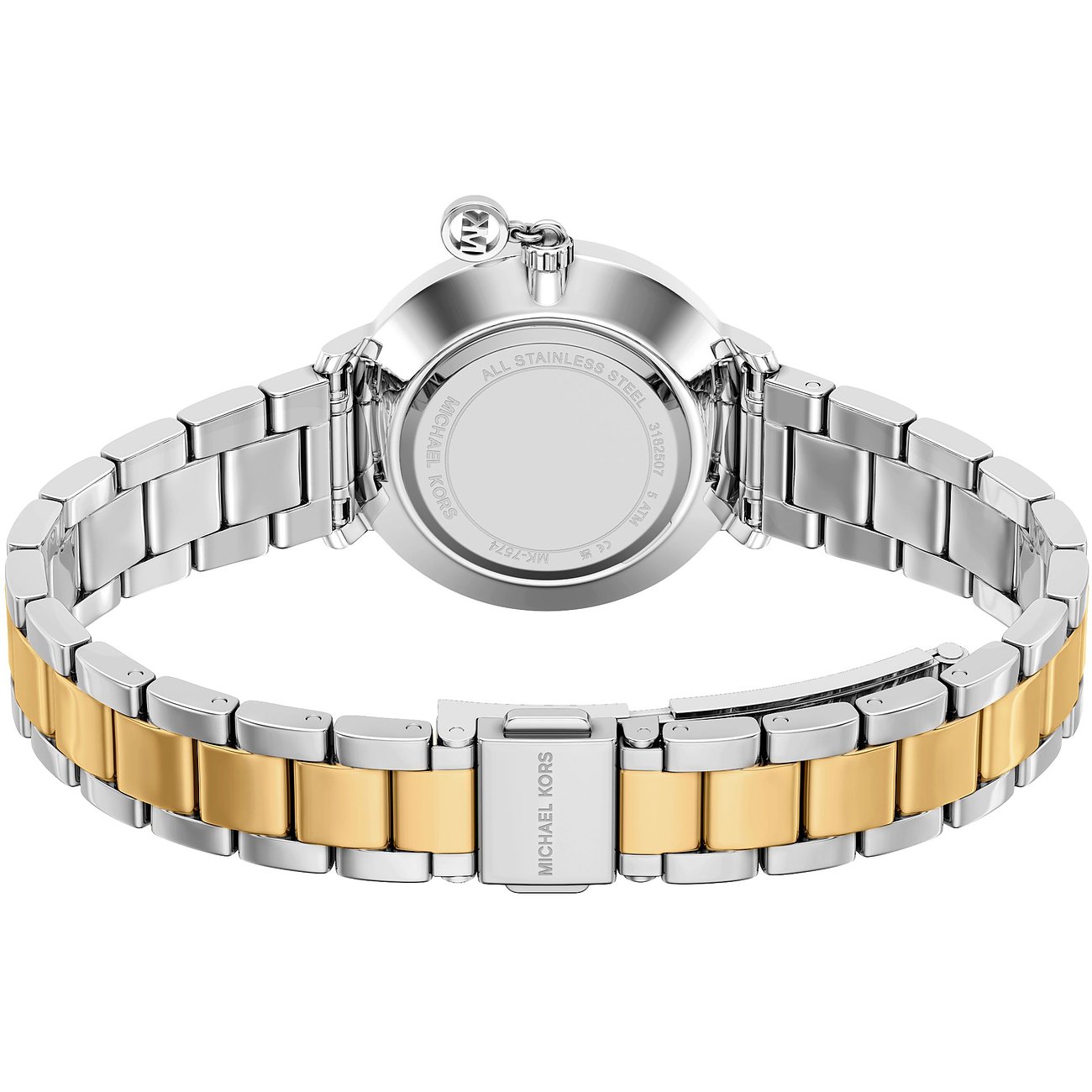 Baksidan av en Michael Kors damklocka i tvåfärgat rostfritt stål i silver och guld.