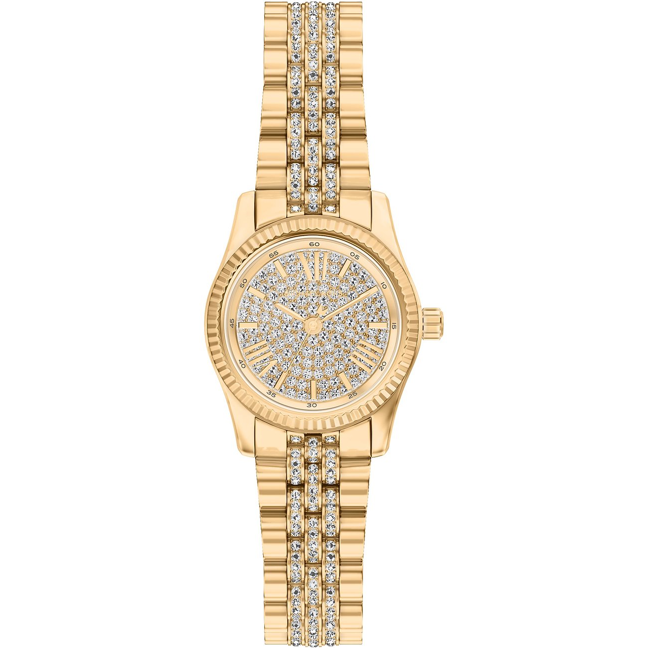 Michael Kors dameur i guldfarvet rustfrit stål, besat med funklende, klare smykkesten på urskive og lænke.
