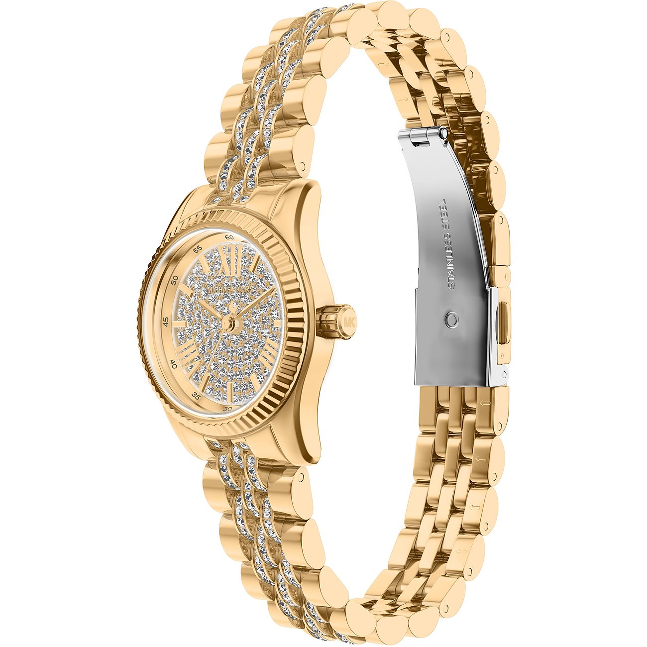 Michael Kors dameur i guldfarvet rustfrit stål, udsmykket med mange klare smykkesten på urskive og urlænke.