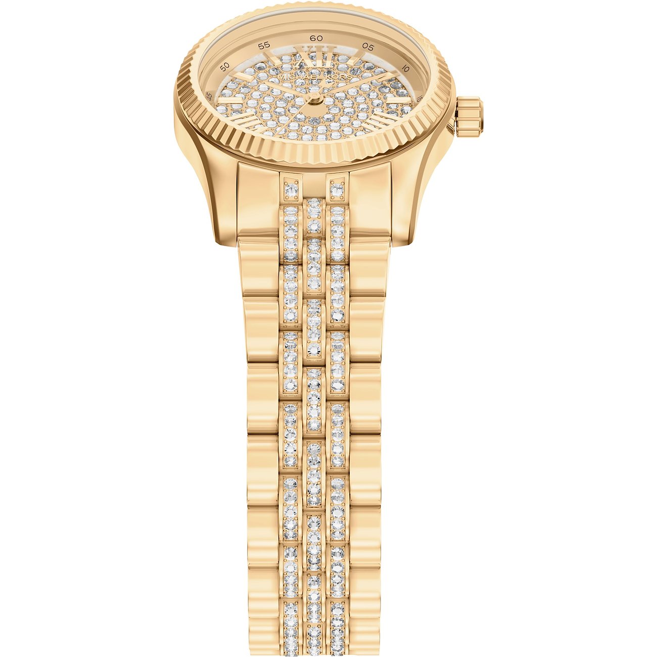 Michael Kors dameur i guldfarvet rustfrit stål med skinnende smykkesten på skive og lænke.