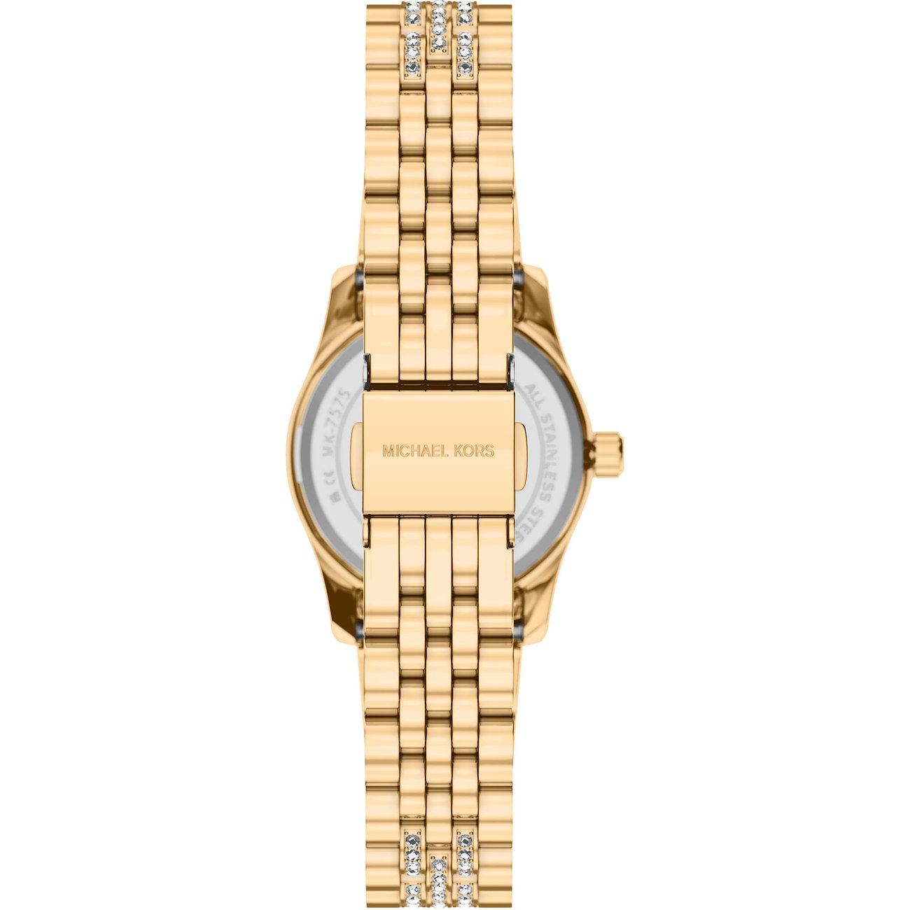 Bagside af et Michael Kors dameur i guld med funklende smykkesten på armbåndet og logo på låsen.