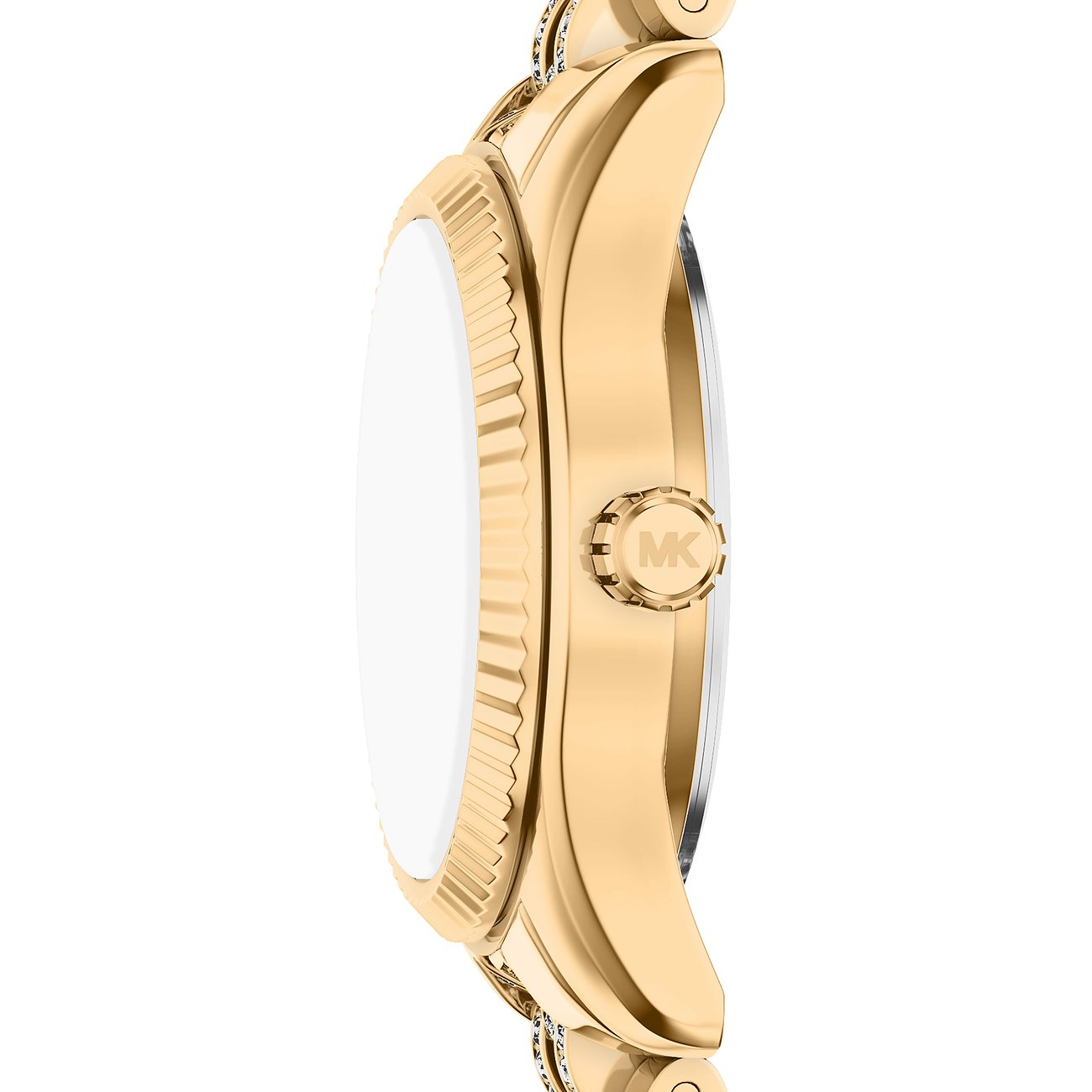 Sidebillede af et Michael Kors dameur i guldfarvet rustfrit stål med riflet ring og MK-logo på kronen.