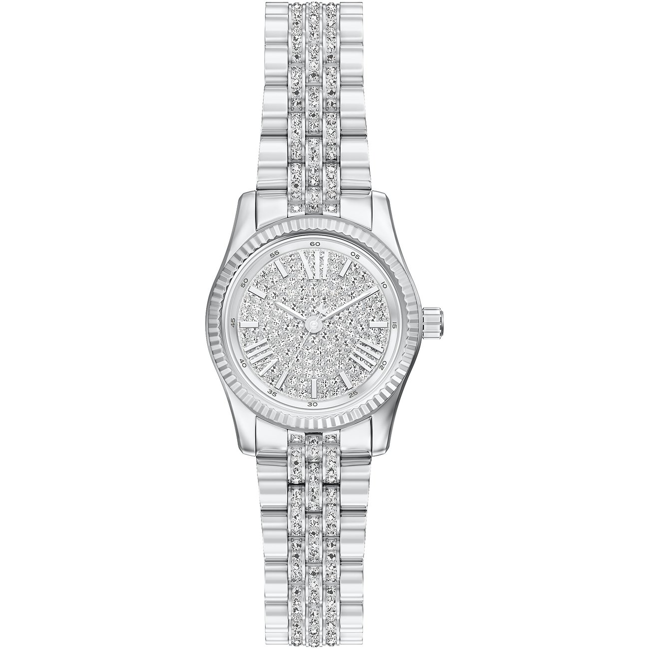 Michael Kors damklocka i rostfritt stål med glittrande urtavla och stenbesatt armband, frontalt mot vit bakgrund.