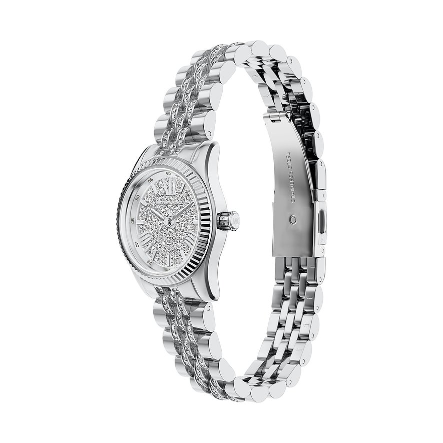 Michael Kors damklocka i polerat rostfritt stål med gnistrande stenar på urtavla och armband.