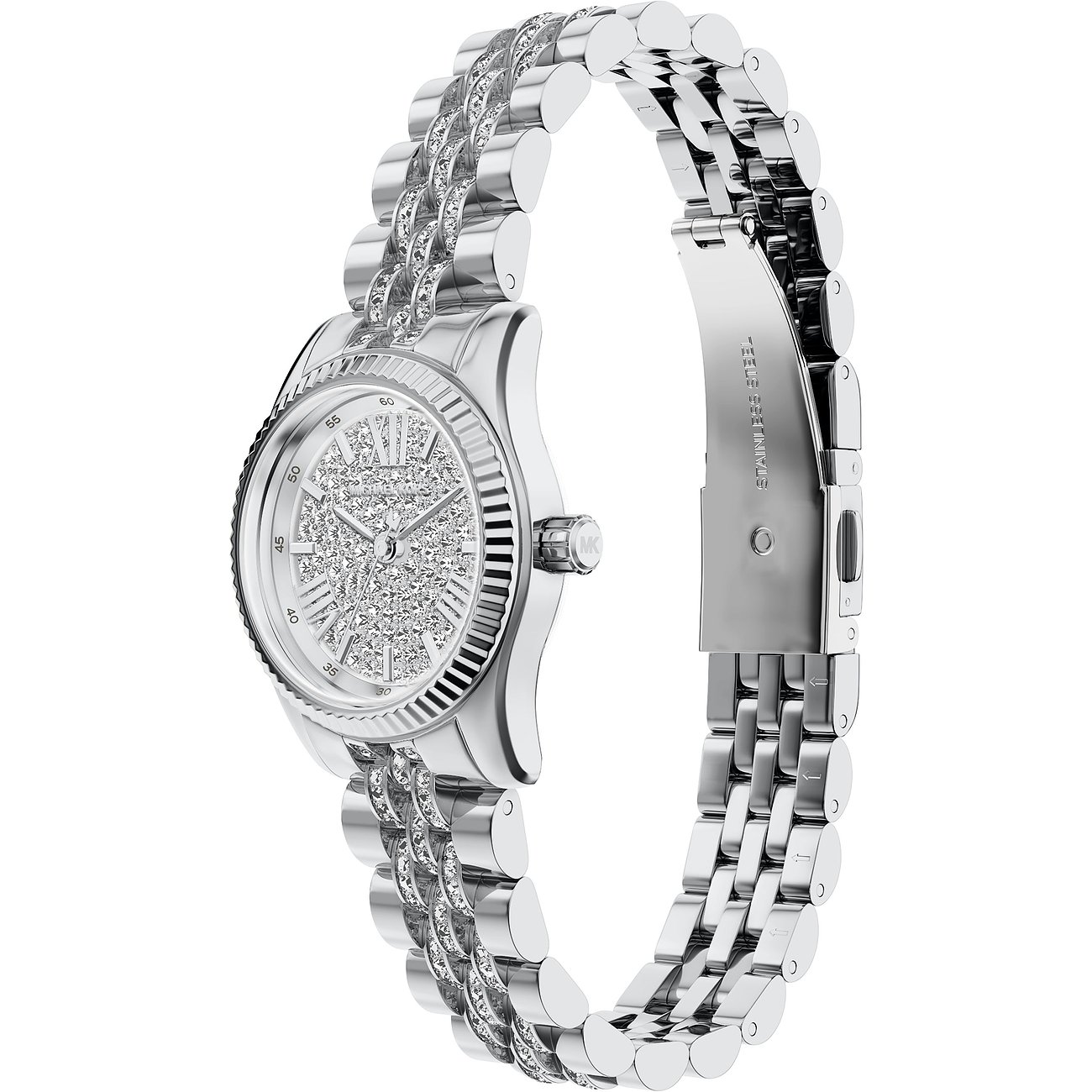 Michael Kors damklocka i polerat rostfritt stål med gnistrande stenar på urtavla och armband.