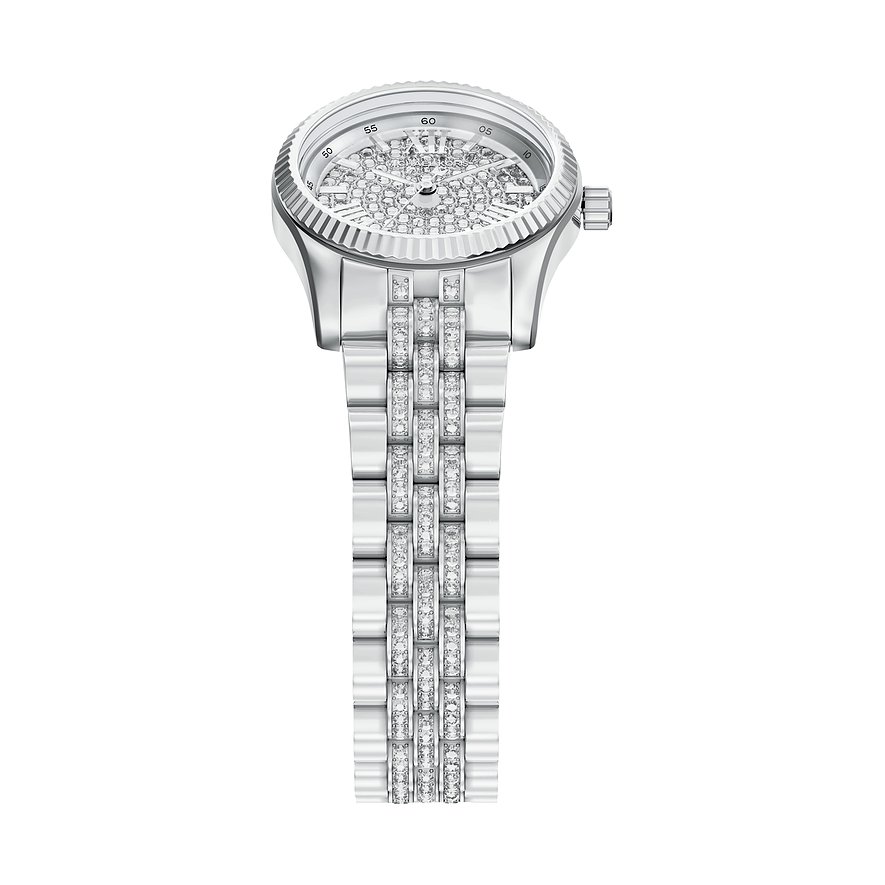 Michael Kors damklocka i skimrande rostfritt stål, urtavla och armband helt prydda med glittrande ädelstenar.