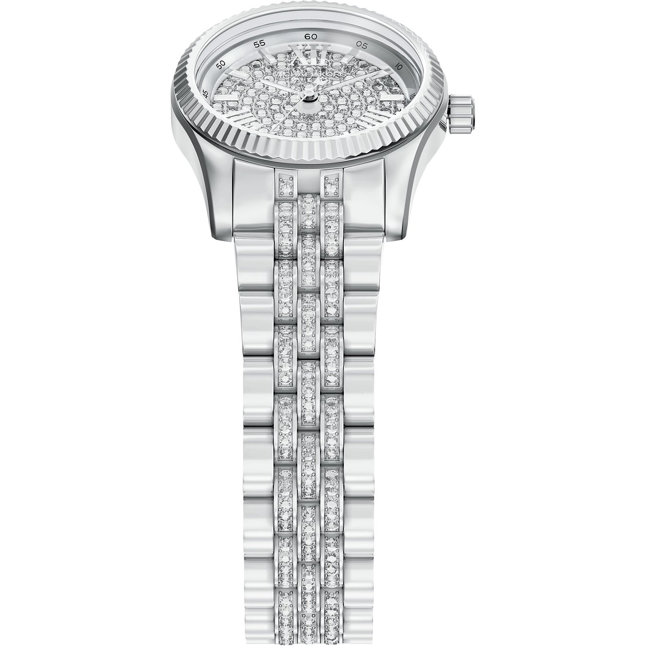 Michael Kors damklocka i skimrande rostfritt stål, urtavla och armband helt prydda med glittrande ädelstenar.