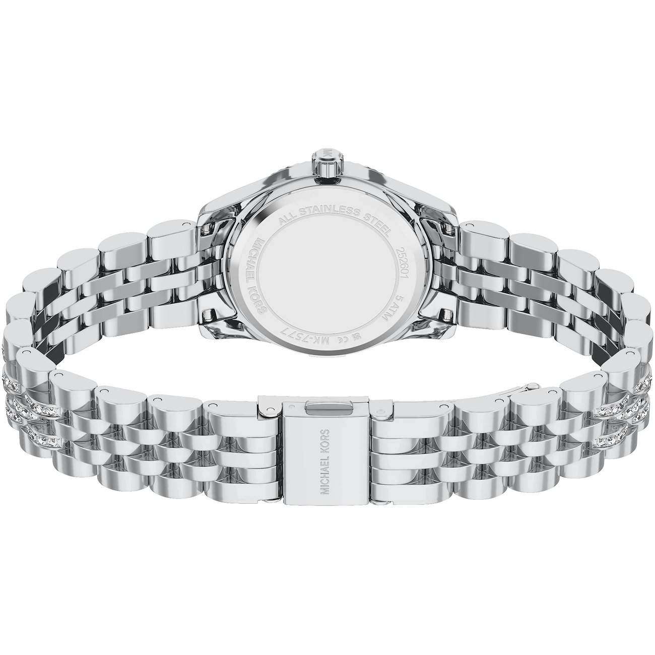 Baksidan av Michael Kors damklocka i rostfritt stål med glansigt armband och boett.