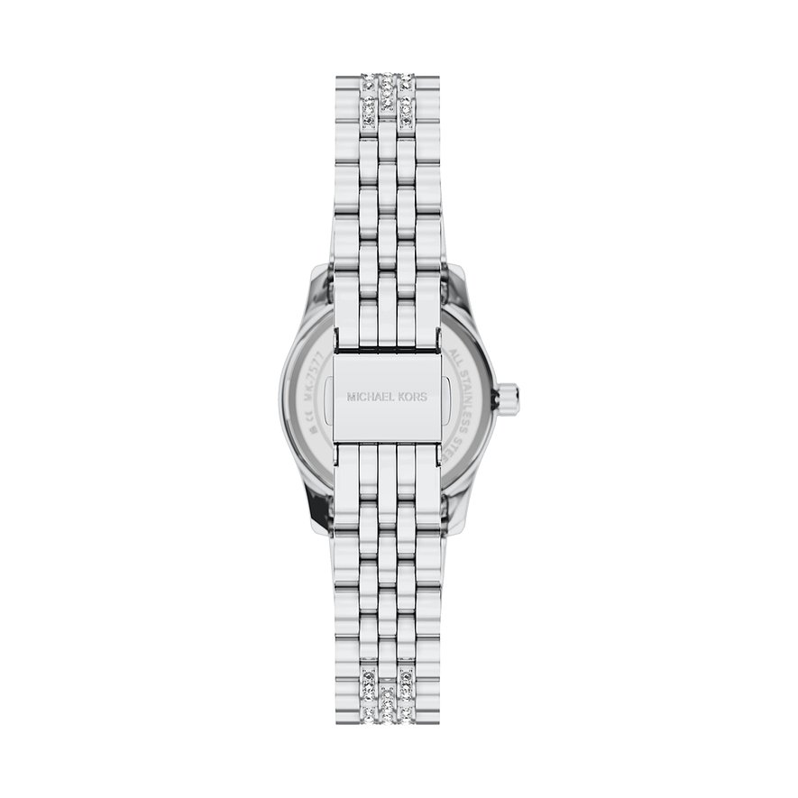 Baksida av Michael Kors damklocka i rostfritt stål med skimrande ädelstenar och smalt länkarmband.