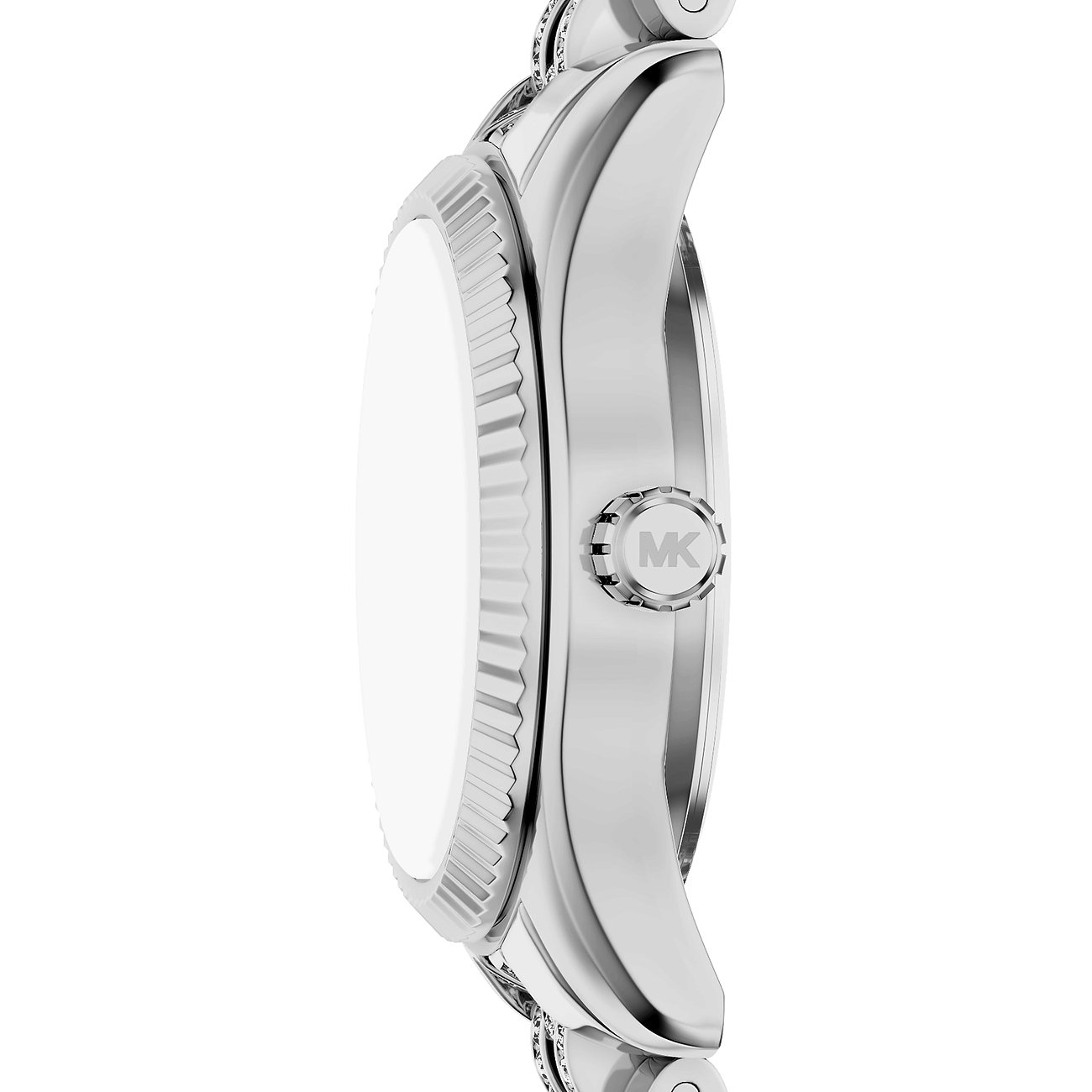 Sidovy av en Michael Kors damklocka i rostfritt stål med räfflad ring och MK-logotyp på kronan.