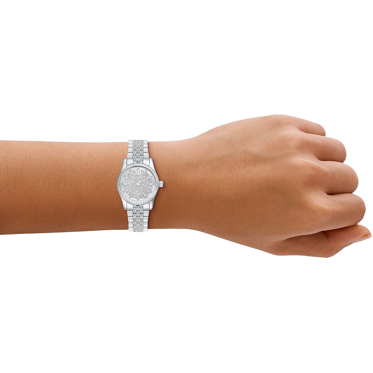 Handledsburen Michael Kors damklocka i silverfärgat rostfritt stål, med glittrig urtavla och länkarmband.