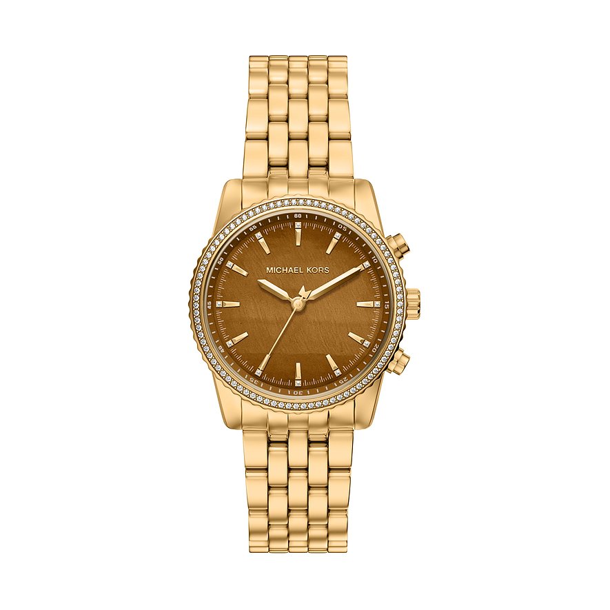 Et Michael Kors dameur i guldfarvet rustfrit stål med tigerøje-farvet skive og funklende sten.
