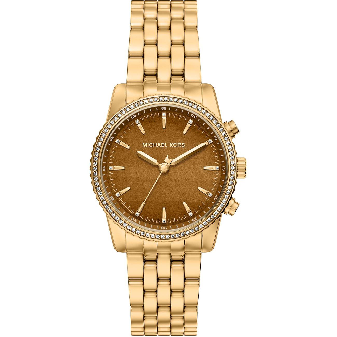 Et Michael Kors dameur i guldfarvet rustfrit stål med tigerøje-farvet skive og funklende sten.