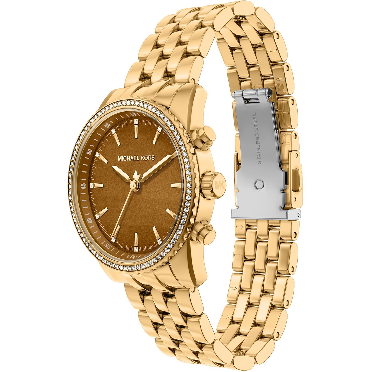 Gyldent Michael Kors dameur i rustfrit stål med brun tigerøje-urskive og funklende stenbesætning på urkassen.