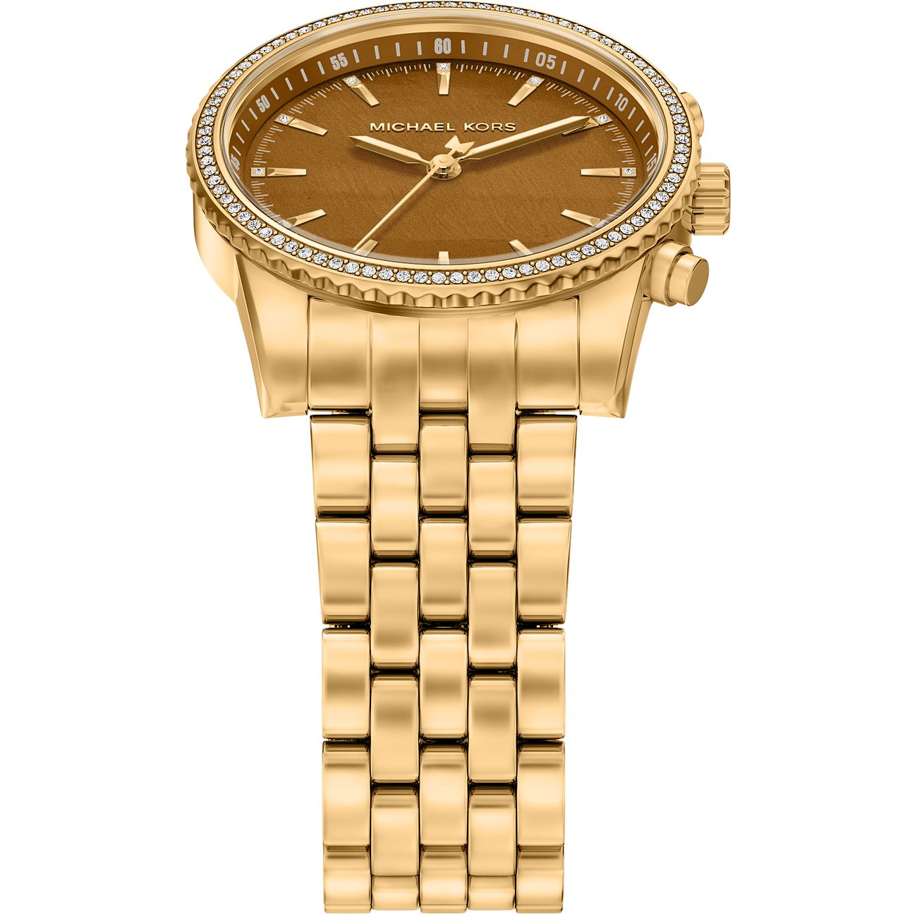Michael Kors dameur i guldfarvet rustfrit stål med tigerbrunt urskive og funklende stenbelægninger.