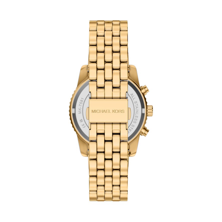Bagside af Michael Kors dameur i guldfarvet rustfrit stål med lukket spænde.