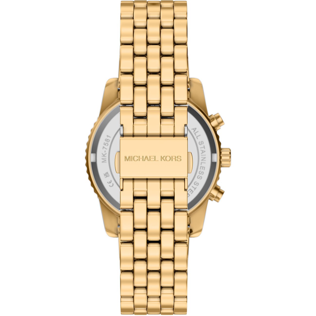 Bagside af Michael Kors dameur i guldfarvet rustfrit stål med lukket spænde.
