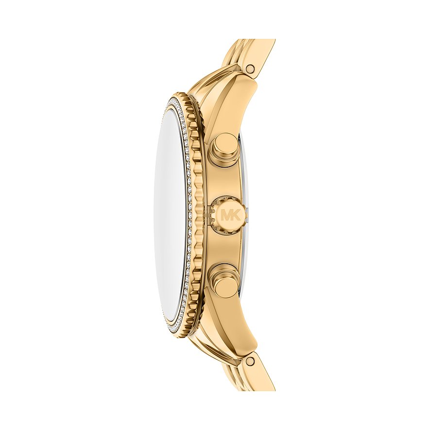 Sidebillede af et guld Michael Kors dameur i rustfrit stål med ædelstensbesat urskive.