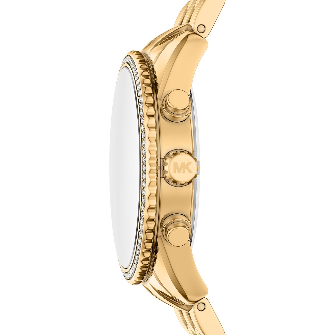Sidebillede af et guld Michael Kors dameur i rustfrit stål med ædelstensbesat urskive.