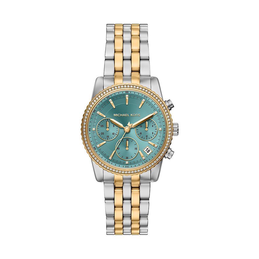 Michael Kors dameur i bicolour rustfrit stål med funklende sten på kassen og turkis urskive.