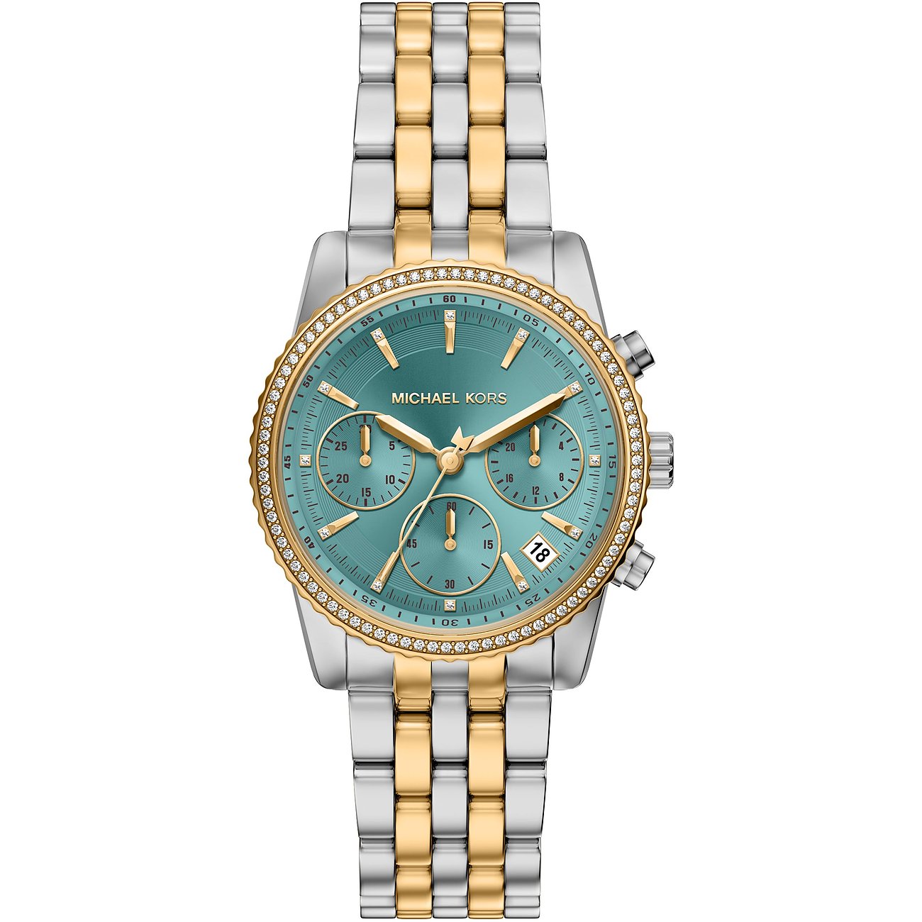Michael Kors dameur i bicolour rustfrit stål med funklende sten på kassen og turkis urskive.