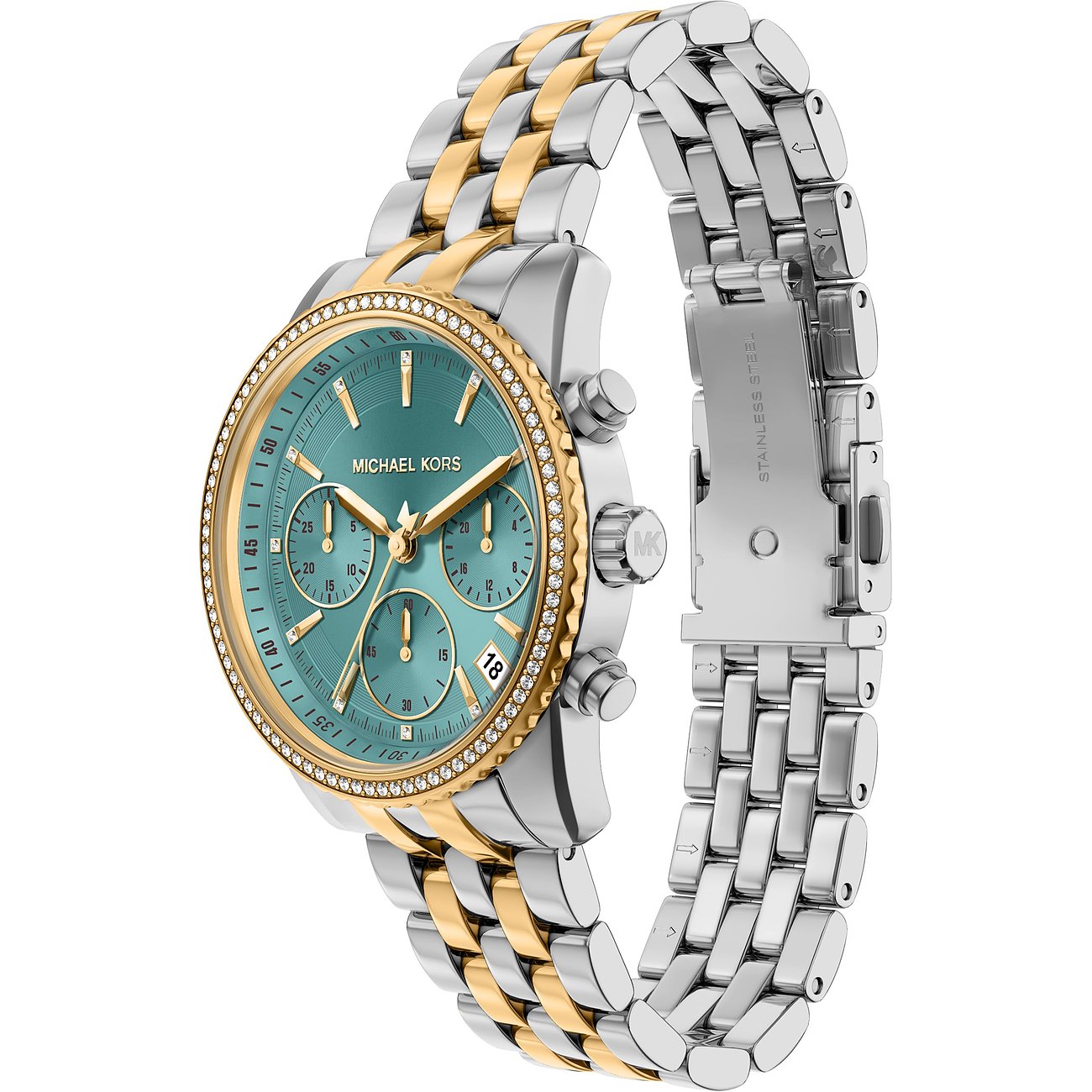 Elegant Michael Kors dameur i rustfrit stål, skråt set fra oven. Turkis urskive, glitrende smykkesten langs kanten.