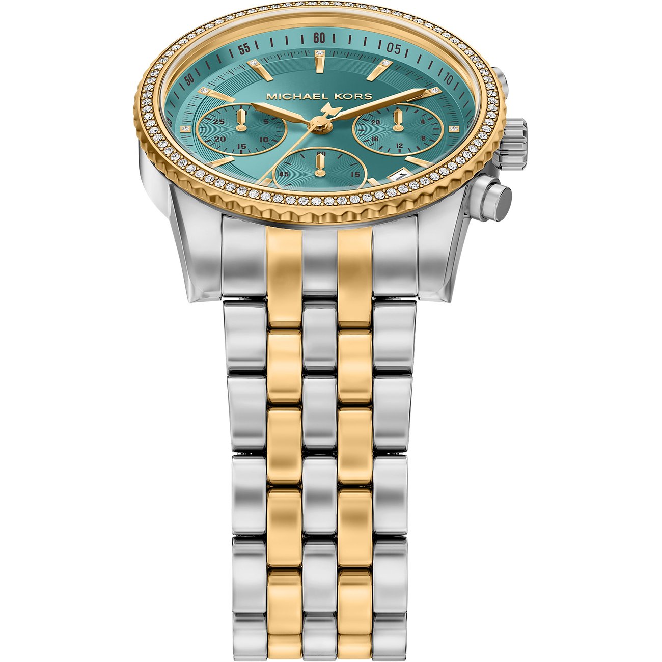 Michael Kors dameur: tofarvet stålrem (sølv/guld), turkisblå urskive, guldfarvet bezel med smykkestene.