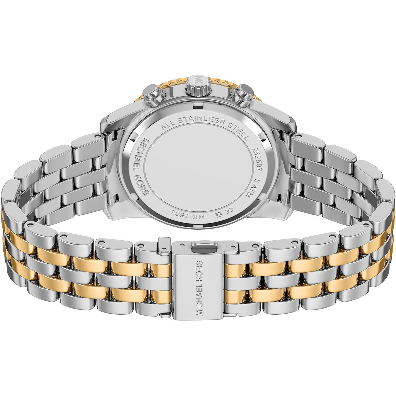 Bagside af et Michael Kors dameur i tofarvet rustfrit stål med guld- og sølvfarvede led. Glansfuld sølvfarve.