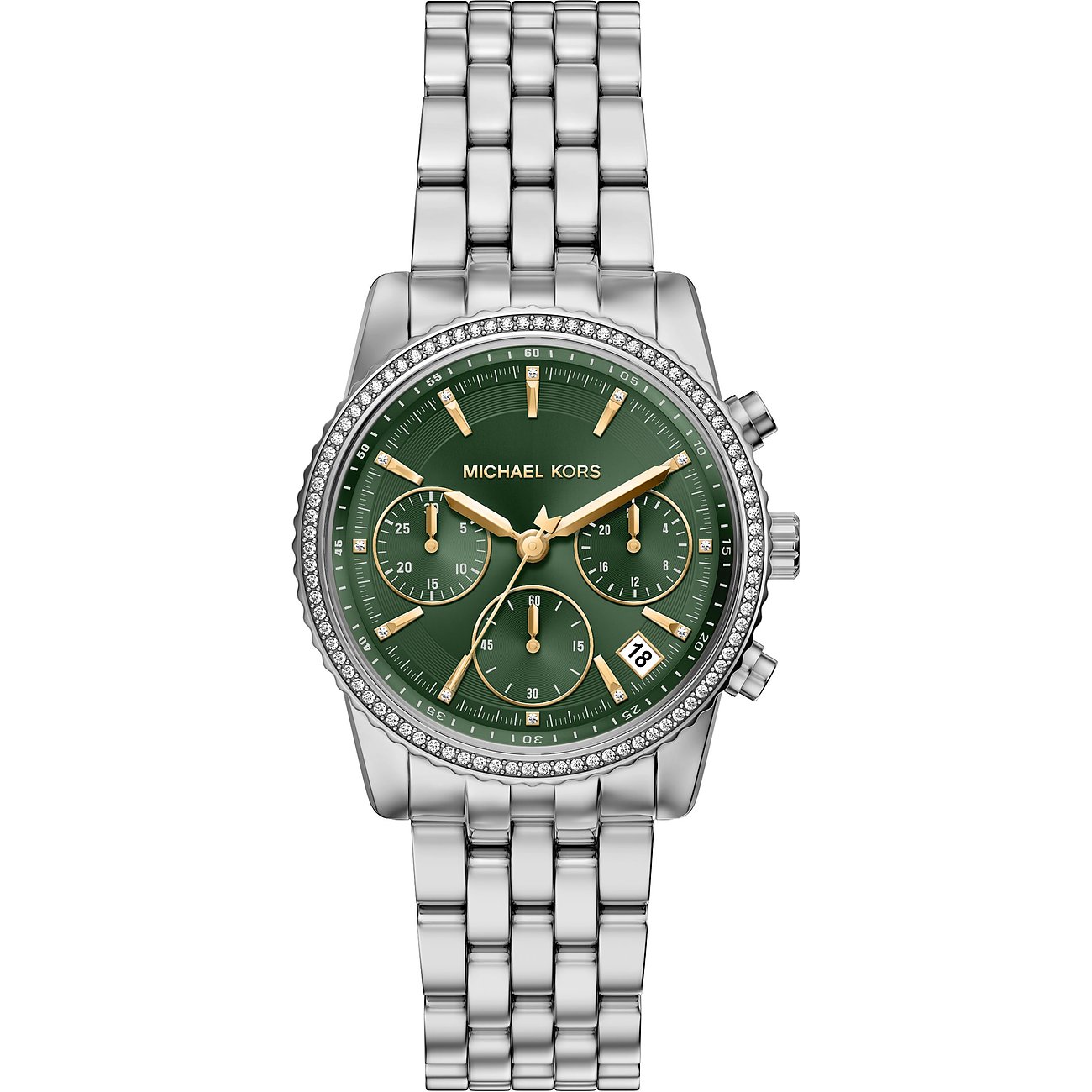 Et Michael Kors dameur i rustfrit stål set skråt ovenfra. Grøn urskive og sølvdetaljer.