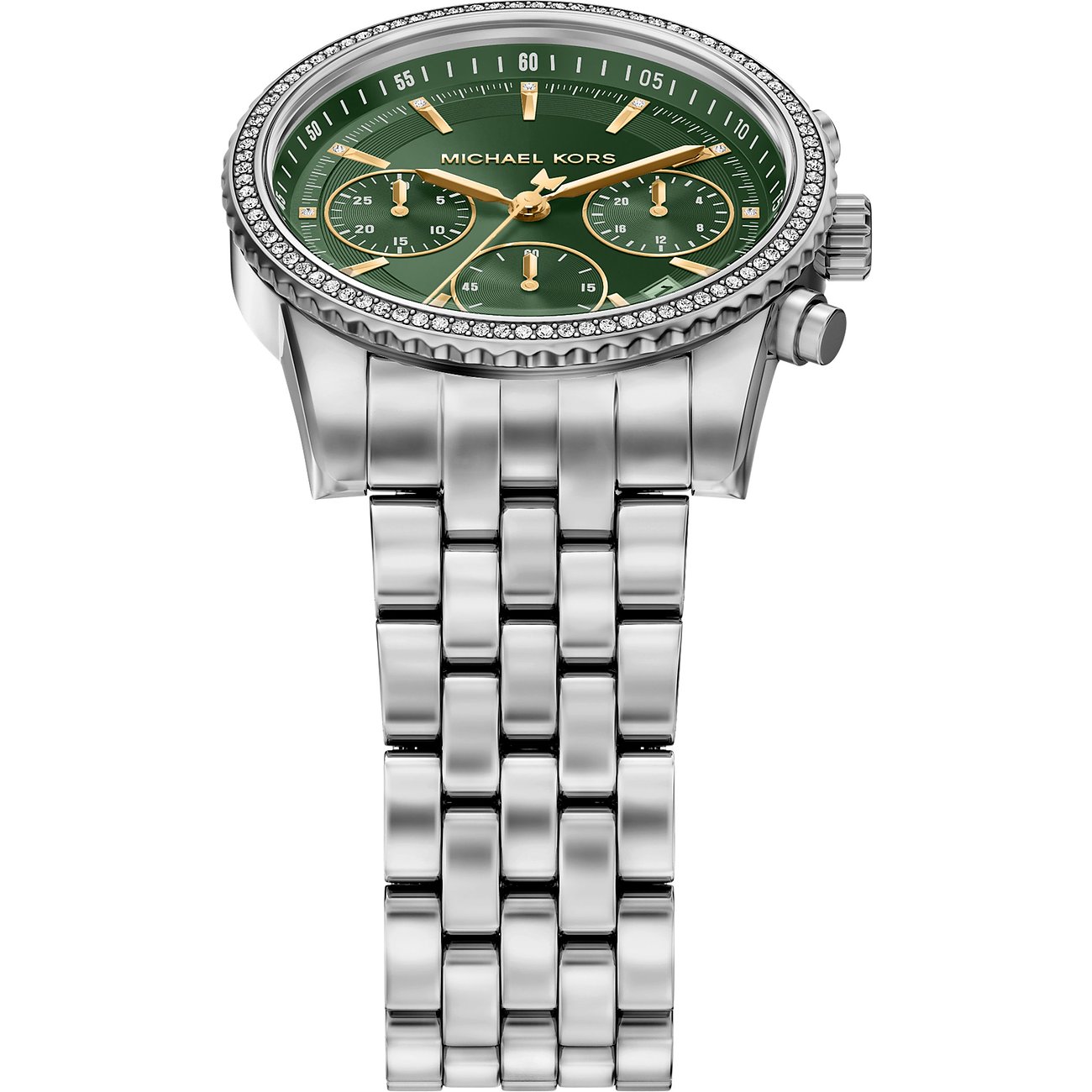 Nærbillede af et Michael Kors dameur i rustfrit stål med skinnende rem, grøn urskive og glitrende smykkesten.