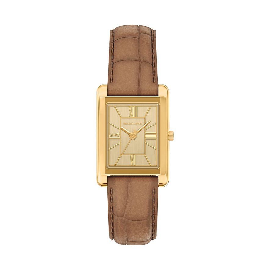 Et rektangulært Michael Kors dameur i guldfarvet rustfrit stål med mørkebrun læderrem og guldfarvet urskive.