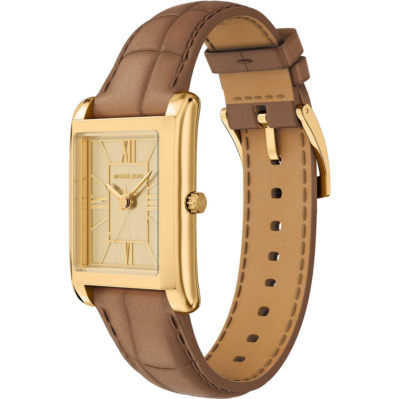 Michael Kors dameur i guldfarvet rustfrit stål med rektangulær urskive og brun læderrem.